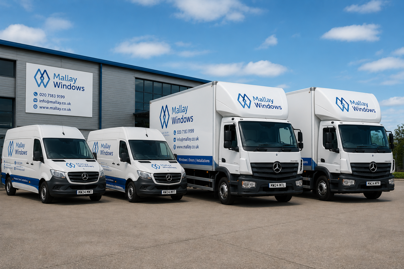 Mallay Windows branded fleet of vans and trucks outside the depot